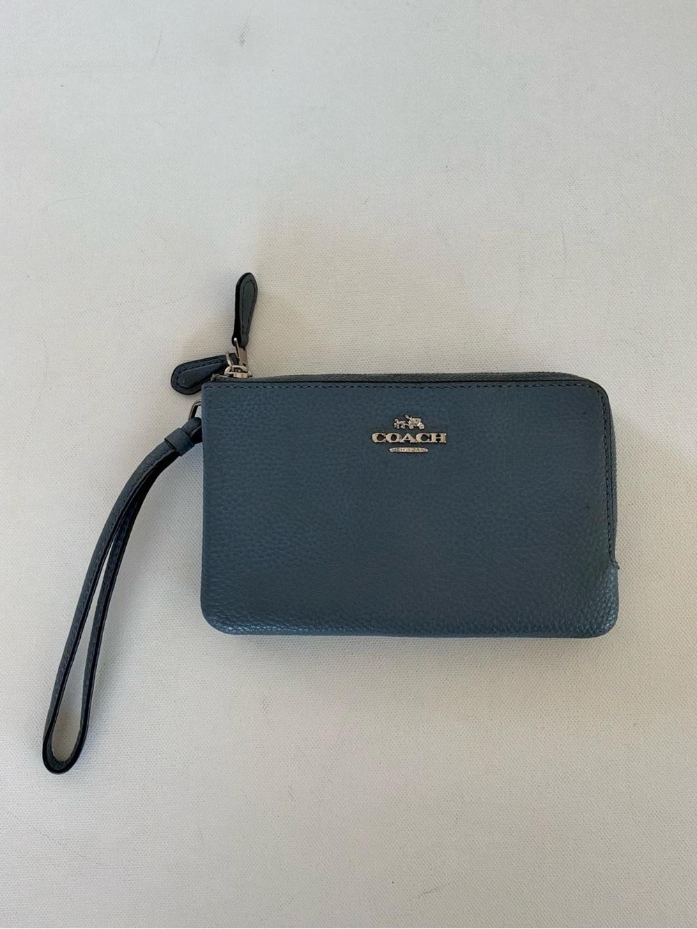 Coach Double Zip Pebbled Leather Wristlet Wallet Blue Gray Double Compartment